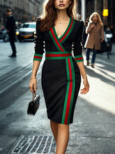 Long Sleeves Striped Deep V-Neck Mini Dresses